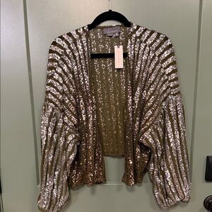 Anthropologie Olive Green Sequin Stripe Open Cardigan